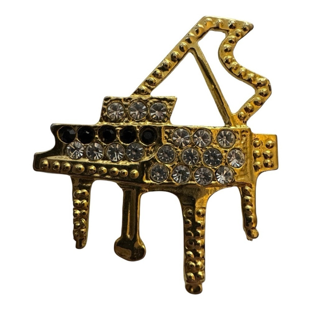 Gold Piano Brooch with Rhinestones - Picture 2 of 3